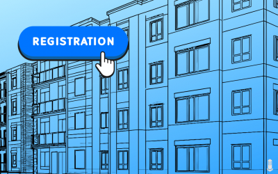sketch image of multiple apartment buildings overlayed with a registration button