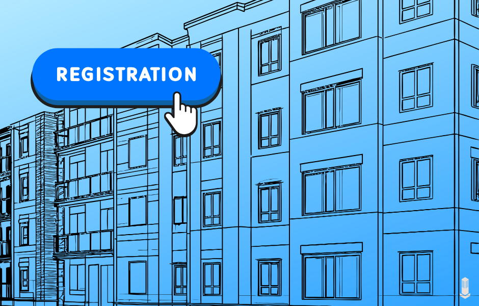 sketch image of multiple apartment buildings overlayed with a registration button